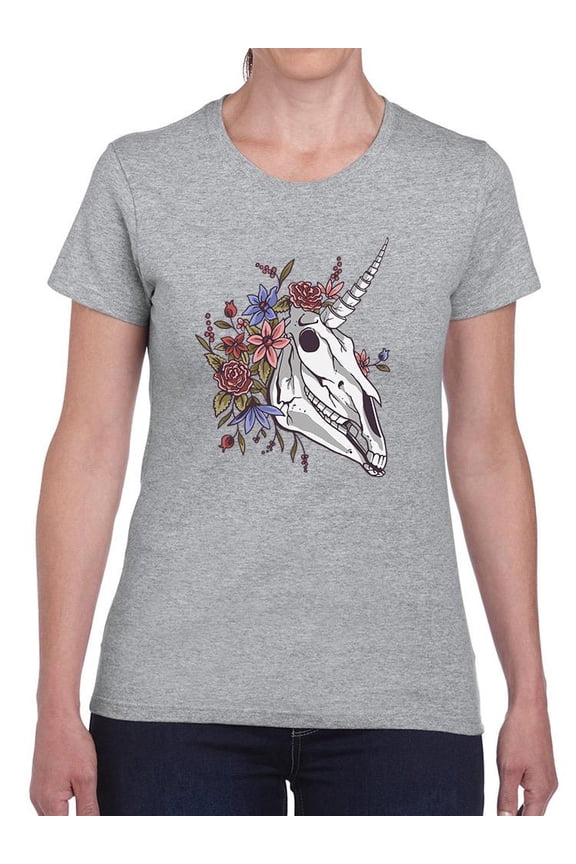 Unicorn Skull W Flowers T-Shirt Women -Smartprints Designs, Female Medium