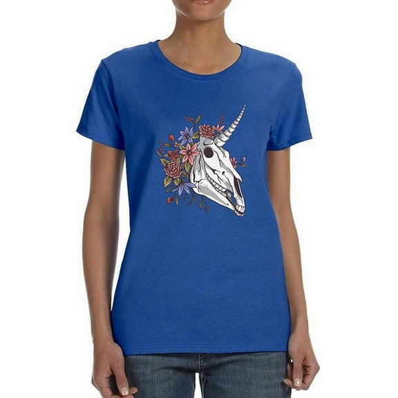 Unicorn Skull W Flowers T-Shirt Women -Smartprints Designs, Female Small