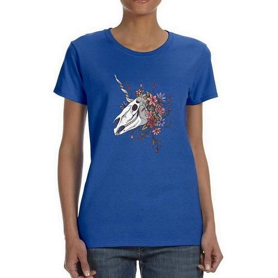 Unicorn Skull W Flowers. T-Shirt Women -Smartprints Designs, Female XX-Large