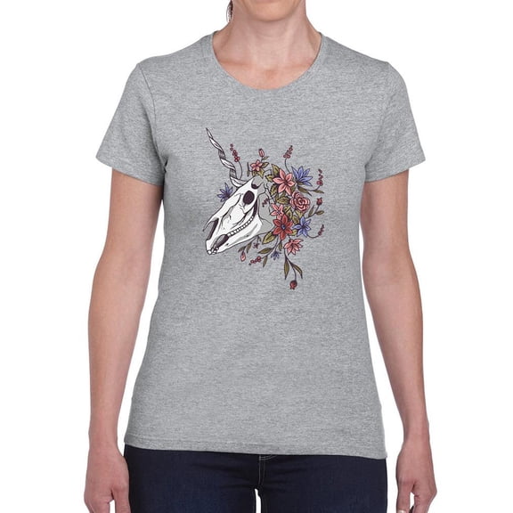 Unicorn Skull W Flowers. T-Shirt Women -Smartprints Designs, Female x-Large
