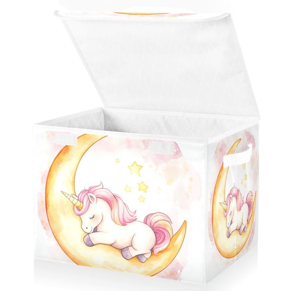 Unicorn Sleep Moon Storage Basket for Shelves Foldable Container Organizer for Organizing Toys Clothes Books with Handles