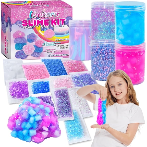 Unicorn Slime Kit for Girls Ages 4-12, Butter Slime Supplies With Candy Confetti, Glimmer Crunchy Foam, Jelly Cubes, Party Favor Set