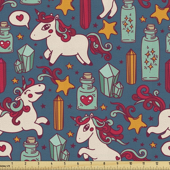 Ambesonne Unicorn Fabric by the Yard Upholstery, Stars Hearts Rainbows, 1 Yard, Multicolor
