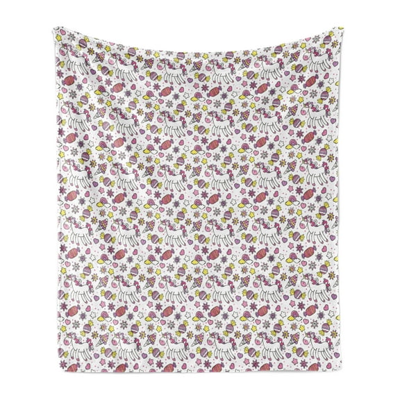 Unicorn Soft Flannel Fleece Blanket, Childish Unicorn Motif with Ice Cream Candies Stars Hearts Playroom Design, Cozy Plush for Indoor and Outdoor Use, 70" x 90", Yellow Lilac Pink, by Ambesonne