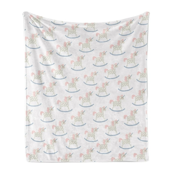 Unicorn Soft Flannel Fleece Blanket, Childish Play Area Pastel Tone Motifs Nursery Theme Fantasy Creature, Cozy Plush for Indoor and Outdoor Use, 70" x 90", Pale Ceil Blue and Rose, by Ambesonne