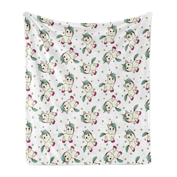 Unicorn Soft Flannel Fleece Blanket, Colorful Mythical Animals in Cartoon Style Rainbow Mane on Star Filled Background, Cozy Plush for Indoor and Outdoor Use, 50" x 60", Multicolor, by Ambesonne