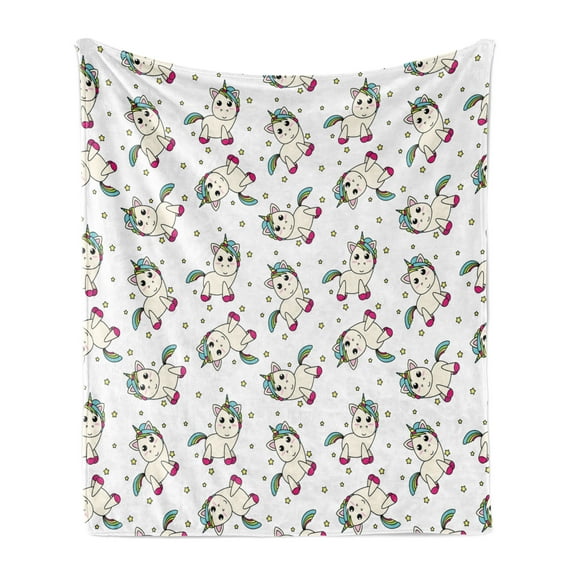 Unicorn Soft Flannel Fleece Blanket, Colorful Mythical Animals in Cartoon Style Rainbow Mane on Star Filled Background, Cozy Plush for Indoor and Outdoor Use, 50" x 70", Multicolor, by Ambesonne