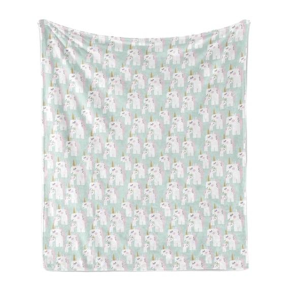 Unicorn Soft Flannel Fleece Blanket, Doodle Style Mythical Creatures Mother and Baby Horses with Horns in Pastel Tones, Cozy Plush for Indoor and Outdoor Use, 70" x 90", Multicolor, by Ambesonne