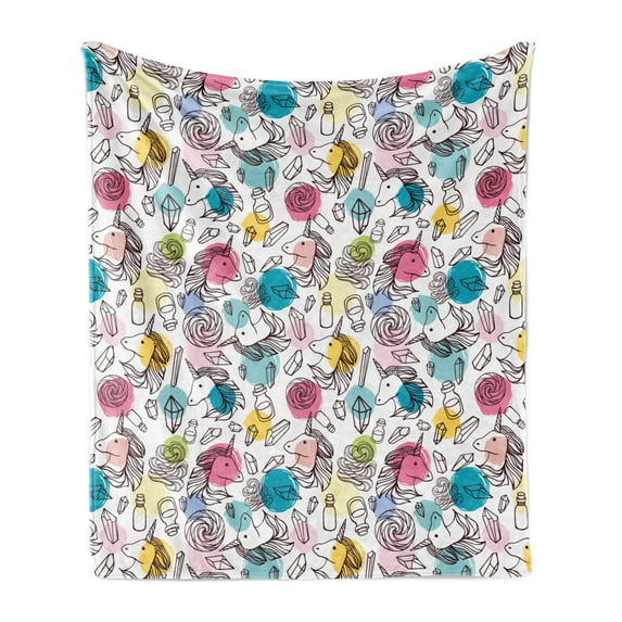 Unicorn Soft Flannel Fleece Blanket, Magic Horse with Horn Swirl Lollipop Candy Potion Print on Plain Background, Cozy Plush for Indoor and Outdoor Use, 50" x 70", White Multicolor, by Ambesonne