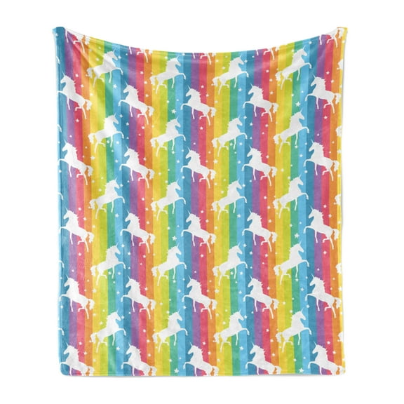 Unicorn Soft Flannel Fleece Blanket, Magic Ideas Theme Colorful Stripes Composition with Horses of Imaginary World Print, Cozy Plush for Indoor and Outdoor Use, 60" x 80", Multicolor, by Ambesonne