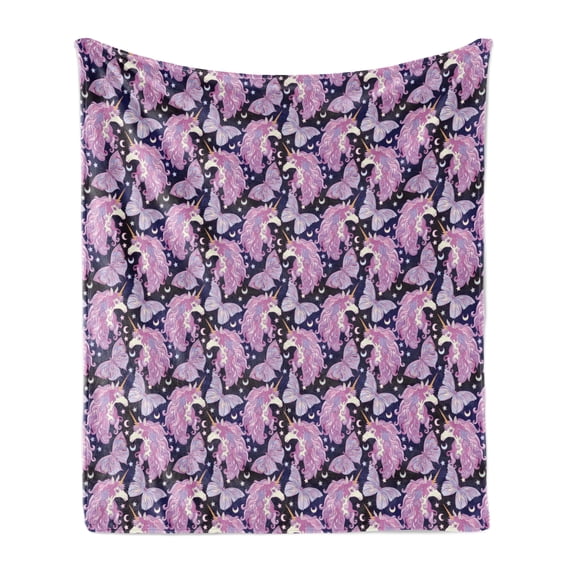 Unicorn Soft Flannel Fleece Blanket, Mythical Animal with Colorful Mane Butterflies Stars Crescent Moons Fantasy World, Cozy Plush for Indoor and Outdoor Use, 60" x 80", Multicolor, by Ambesonne