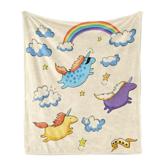 Unicorn Soft Flannel Fleece Blanket, Pastel Colored Illustration of Several Flying Pony Baby Unicorns in the Air Artwork, Cozy Plush for Indoor and Outdoor Use, 70" x 90", Multicolor, by Ambesonne