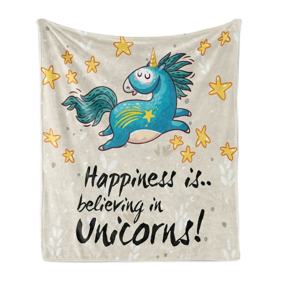 Unicorn Soft Flannel Fleece Throw Blanket, Believing Words Illustration Star Elements Happiness Joy Friendship, Cozy Plush for Indoor and Outdoor Use, 50" x 60", Yellow Blue, by Ambesonne