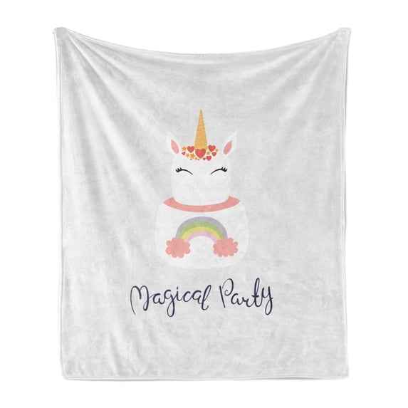 Unicorn Soft Flannel Fleece Throw Blanket, Unicorn Cake Party Cursive Handwriting Charming Cartoon, Cozy Plush for Indoor and Outdoor Use, 50" x 60", Blush and Multicolor, by Ambesonne