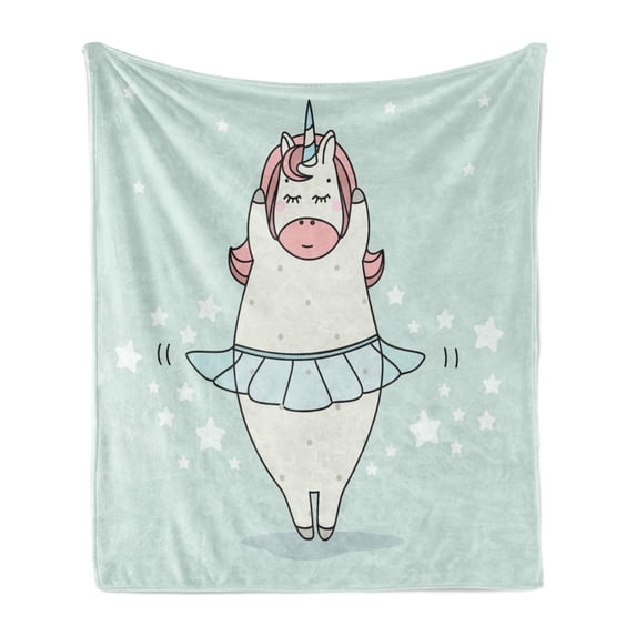 Unicorn Soft Flannel Fleece Throw Blanket, Cartoon Illustration of a Unicorn on a Pastel Toned Background with Stars, Cozy Plush for Indoor and Outdoor Use, 60" x 80", Multicolor, by Ambesonne