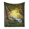thumbnail image 1 of Unicorn Soft Flannel Fleece Throw Blanket, Enchanted Forest Fantasy Willow Trees Wildflowers Woodland Animal Folklore, Cozy Plush for Indoor and Outdoor Use, 60" x 80", Green White, by Ambesonne, 1 of 6