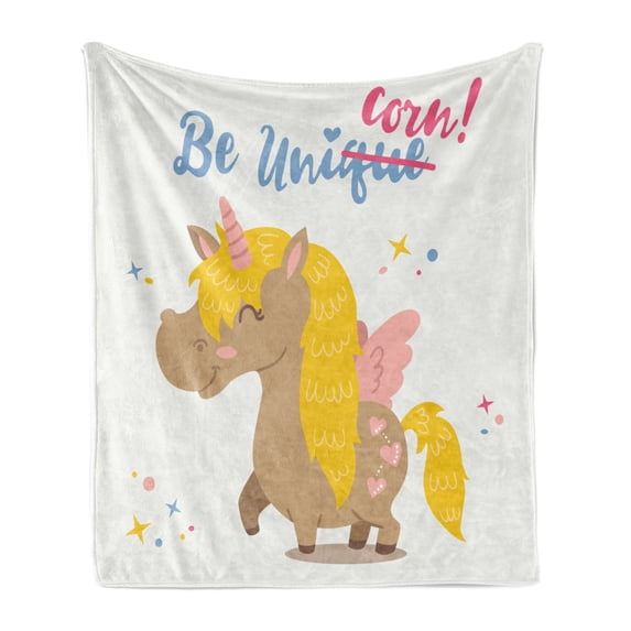 Unicorn Soft Flannel Fleece Throw Blanket, Funny Feminine Inspirational Fantasy Horse with a Horn Drawn in Cartoon Artwork, Cozy Plush for Indoor and Outdoor Use, 70" x 90", Multicolor, by Ambesonne