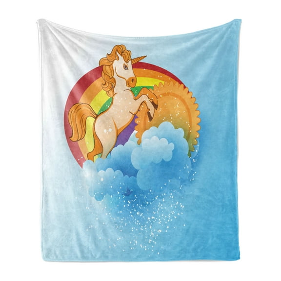 Unicorn Soft Flannel Fleece Throw Blanket, Handsome Horse Single Horn on Forehead on Sun Fluffy Clouds Artwork Print, Cozy Plush for Indoor and Outdoor Use, 50" x 70", Multicolor, by Ambesonne