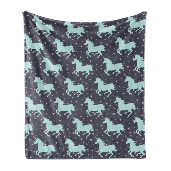 Unicorn Soft Flannel Fleece Throw Blanket, Magic Horse Twinkle Little Spot Stars and Dark Background Art, Cozy Plush for Indoor and Outdoor Use, 60" x 80", Dark Blue and Pink, by Ambesonne