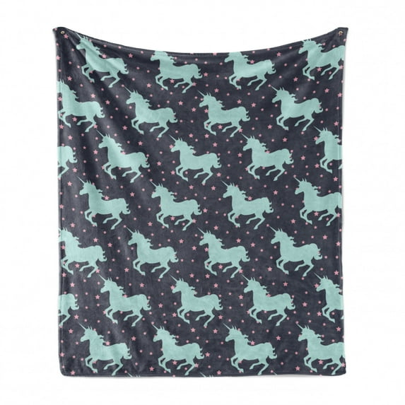 Unicorn Soft Flannel Fleece Throw Blanket, Magic Horse Twinkle Little Spot Stars and Dark Background Art, Cozy Plush for Indoor and Outdoor Use, 70" x 90", Dark Blue and Pink, by Ambesonne
