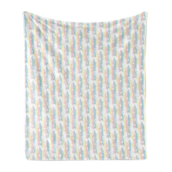 Unicorn Soft Flannel Fleece Throw Blanket, Pastel Colored Vertical Stripes with White Unicorn Silhouettes and Stars Fantasy, Cozy Plush for Indoor and Outdoor Use, 60" x 80", Multicolor, by Ambesonne