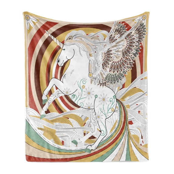 Unicorn Soft Flannel Fleece Throw Blanket, Pop Art Culture Graphic of Unicorn Angel Wings on Spiral Backdrop Artwork, Cozy Plush for Indoor and Outdoor Use, 60" x 80", Multicolor, by Ambesonne