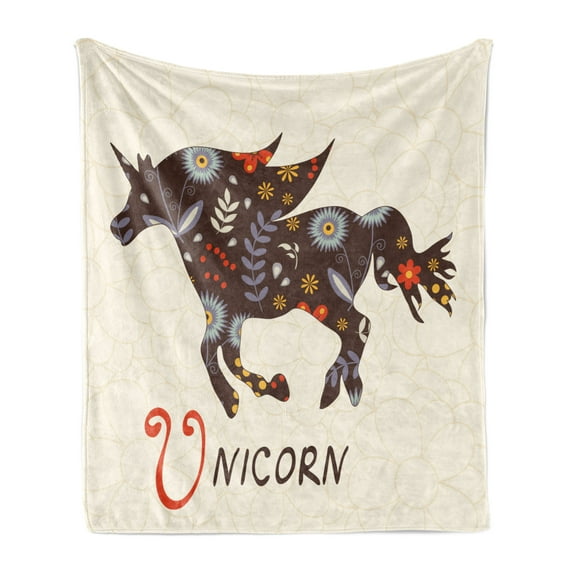 Unicorn Soft Flannel Fleece Throw Blanket, Silhouette with Oriental and Ornate Floral Effects Boho Themed Art Print, Cozy Plush for Indoor and Outdoor Use, 70" x 90", Multicolor, by Ambesonne