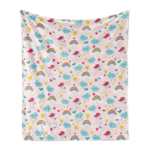 Unicorn Soft Flannel Fleece Throw Blanket, Theme of Clouds Rainbows Stars Print, Cozy Plush for Indoor and Outdoor Use, 70" x 90", Baby Pink Multicolor, by Ambesonne