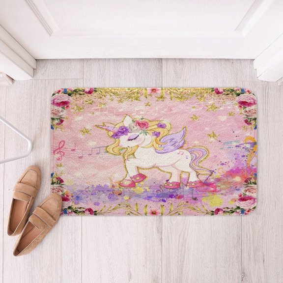 Unicorn Soft Fleece Bath Rug, Cute Rainbow Polyester Non Slip Bathroom Floor Mat, Pink and Gold Tie Dye Fantasy Indoor Doormat, 16 x 24 Inch