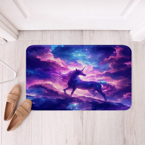 Unicorn Soft Fleece Non-Slip Bath Rug Purple Galaxy Glitter Star Pattern Polyester Indoor Doormat 16 x 24 Inch