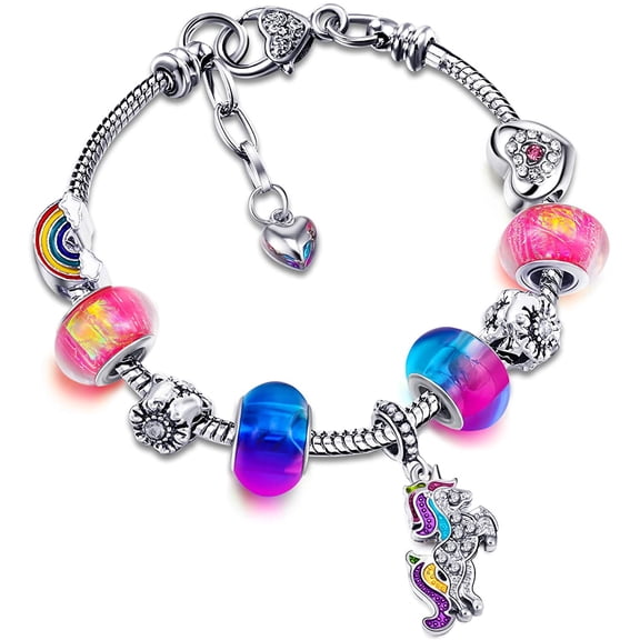 Unicorn Sparkly Crystal Charm Bracelet Bangle with Gift Box Set for Girl Lady