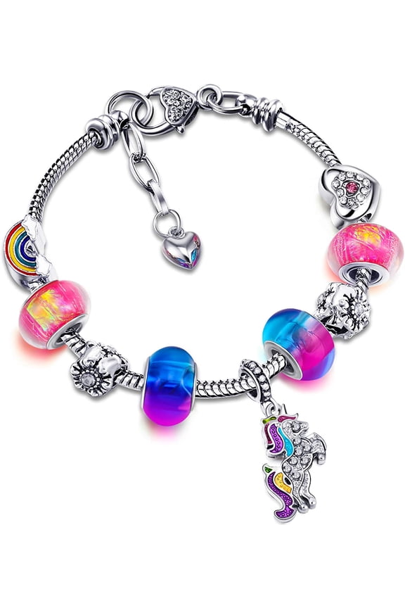 Unicorn Sparkly Crystal Charm Bracelet Bangle with Gift Box Set for Girl Lady