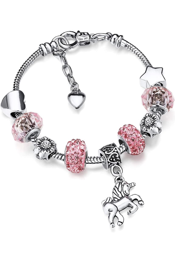Unicorn Sparkly Crystal Charm Bracelet Bangle with Gift Box Set for Girl Lady