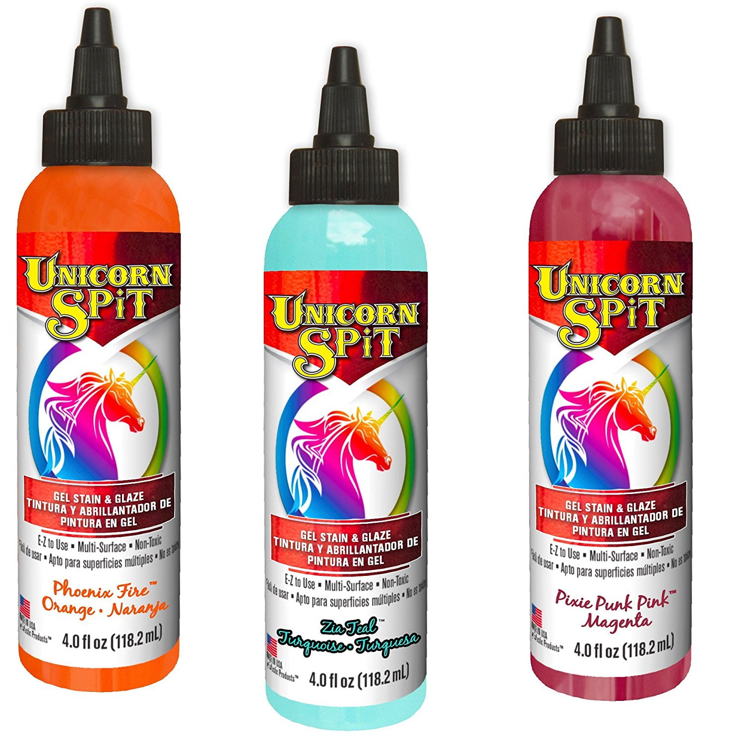 Unicorn Spit - Gel Stain & Glaze Paint in One, Phoenix Fire, Pixie Punk Pink and Zia Teal, 4 oz