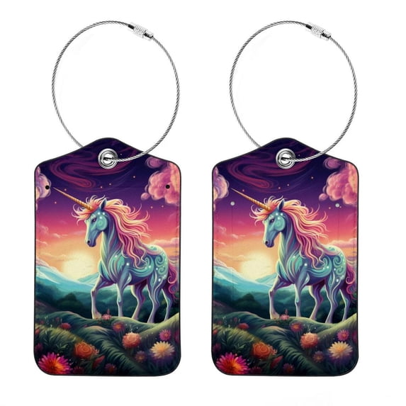 Unicorn Square PU Leather 2 Pack Travel Tag - Bag Tag - Suitcase Tag with Privacy Cover and Stainless Steel Ring - Suitable for Travel, Backpack, and Handbag