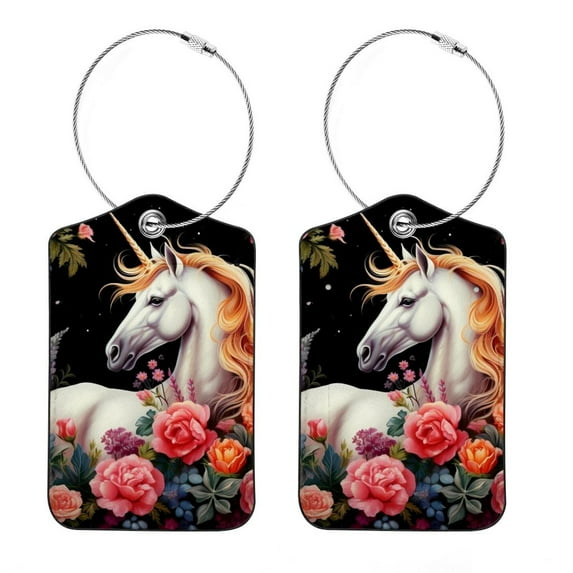 Unicorn Square PU Leather Luggage Tags, 2 Pack, with Privacy Cover and Stainless Steel Ring - Suitable for Travel, Backpack, Handbag - Bag Tags, Handbag Tags
