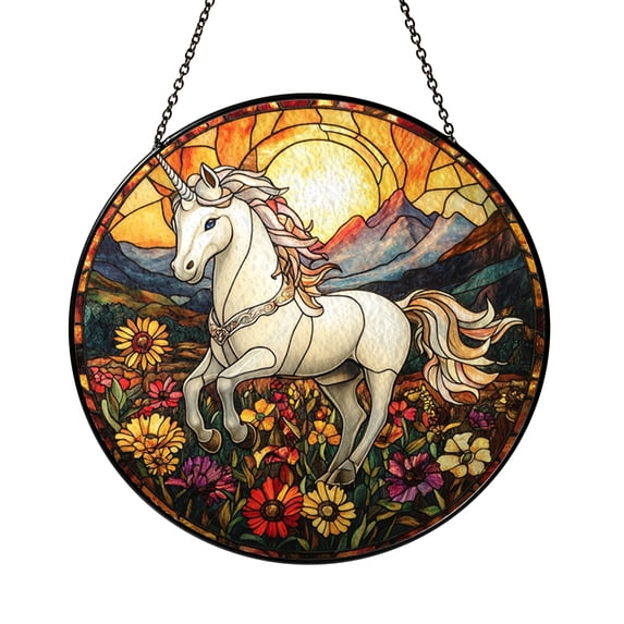 Unicorn Stained Glass Window Hanging – Magical Sunset Scene, Fantasy ...