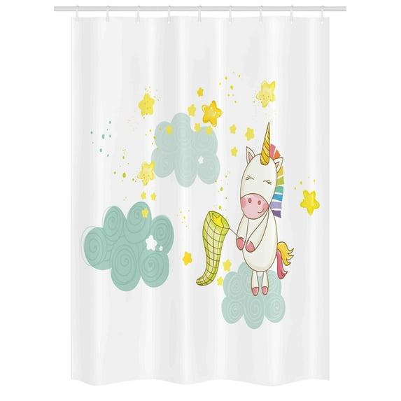 Unicorn Stall Shower Curtain, Baby Mystic Unicorn Girl Sitting on Fluffy Clouds and Hunting Nursery Image Print, Fabric Bathroom Set with Hooks, 54W X 78L Inches, Green Yellow, by Ambesonne