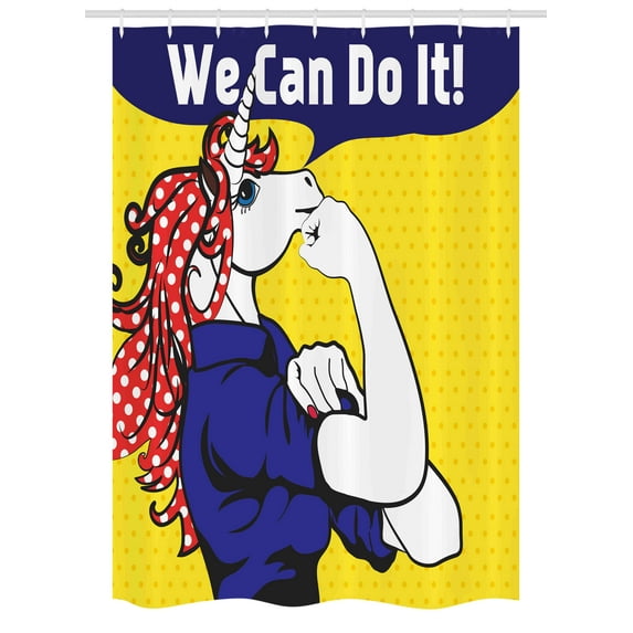 Unicorn Stall Shower Curtain, Feminist Unicorn with Famous Gesture on Polka Dots Setting Strength Humor Image Artwork, Fabric Bathroom Set with Hooks, 54W X 78L Inches, Multi, by Ambesonne