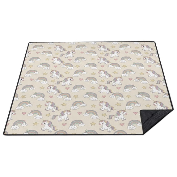 Unicorn and Star Beige Pattern Waterproof Picnic Blanket, 3-Layer ...