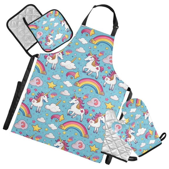 Unicorn Star Clouds Rainbow 5 Pcs Kitchen Set Heat Resistant Oven Mitts and Non-Slip Pot Holders with Adjustable Cooking Apron