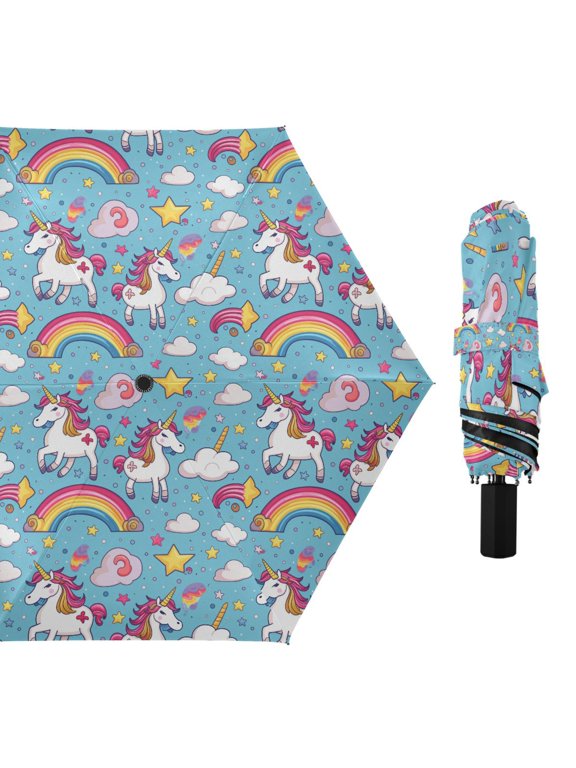Unicorn Star Clouds Rainbow Compact Sun Umbrella Windproof Travel Umbrellas for Rain Strong Portable UV Protection