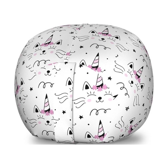 Unicorn Storage Toy Bag Chair, Cartoon Drawn Flower Ornamental Caticorns Kitty Cat Heads Stars Dots Pattern, Stuffed Animal Organizer Washable Bag, Large Size, White Black Lilac, by Ambesonne