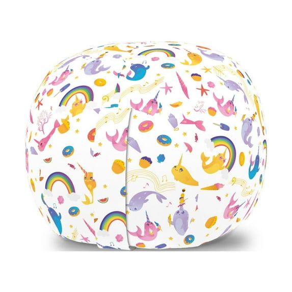 Unicorn Storage Toy Bag Chair, Cartoon Illustrated Colorful Narwhals Rainbows Seashells Music Notes Sweets, Stuffed Animal Organizer Washable Bag, Small Size, White Multicolor, by Ambesonne