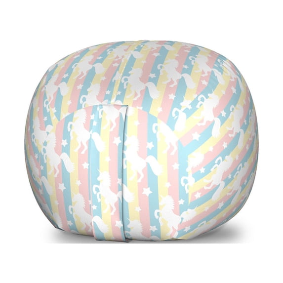 Unicorn Storage Toy Bag Chair, Pastel Colored Vertical Stripes with White Unicorn Silhouettes and Stars Fantasy, Stuffed Animal Organizer Washable Bag, Small Size, Multicolor, by Ambesonne
