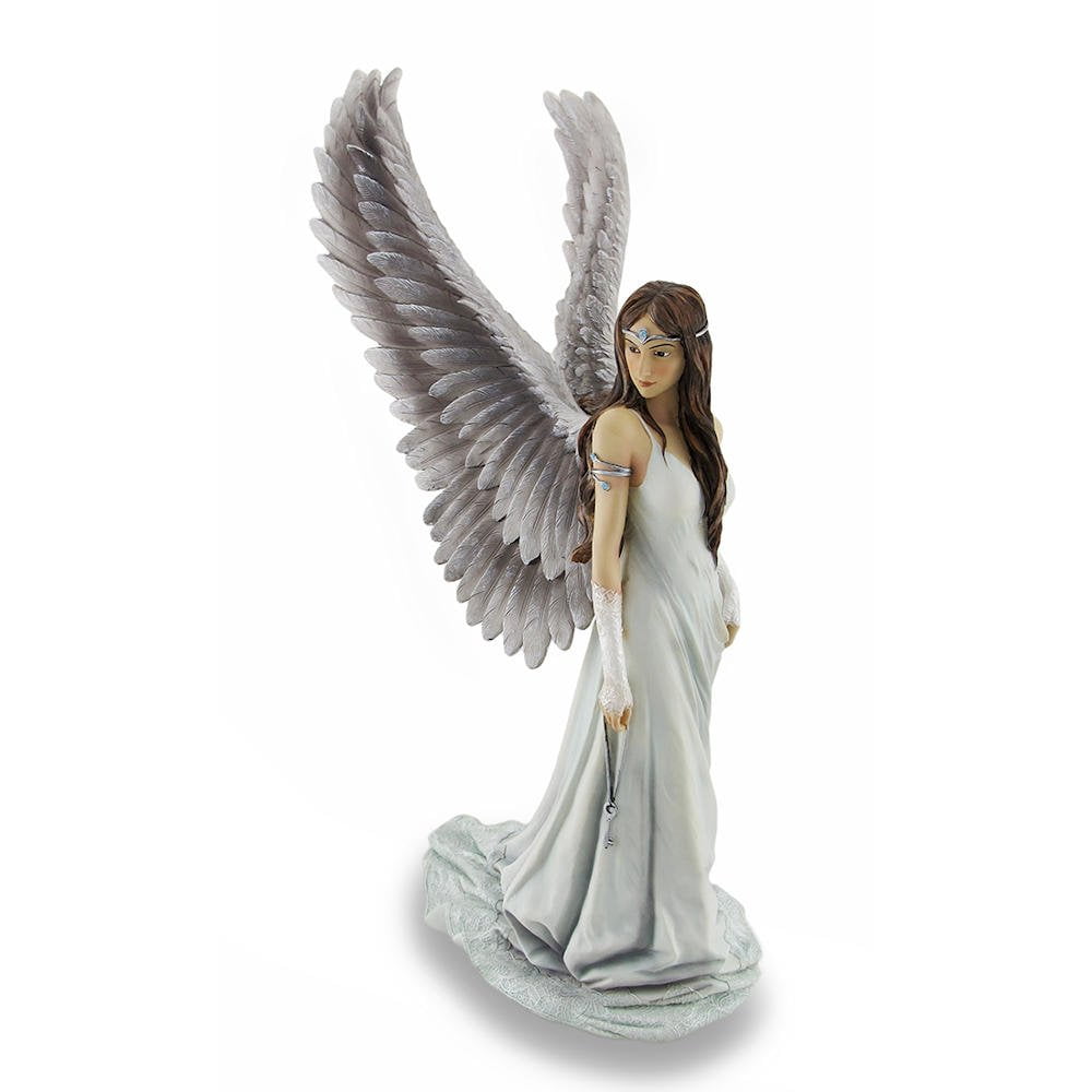 9.5" White and Gray Resin Angel Statue with Feathered Wings