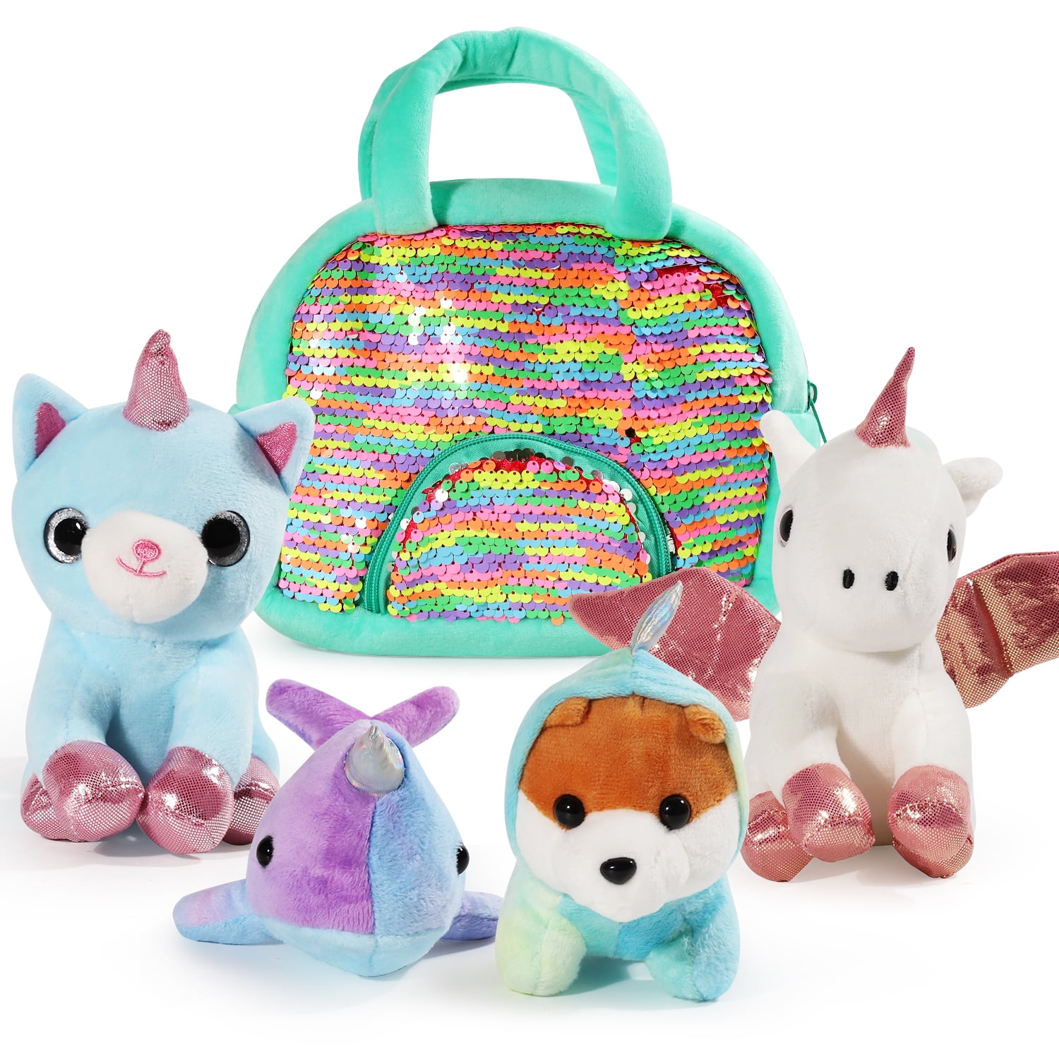 Unicorn Stuffed Animals for Girls Age 4-8, Unicorns Gifts for Girls, Unicorn Plush Toy, Set of 4 Stuffed Toy for Toddlers, with Squishies Rainbow Carry Bag