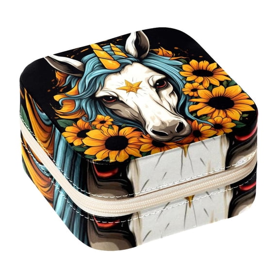 Unicorn Sunflower Travel Portable Square Display Case Decorative Box Jewelry Stand Earring Holder for Girls and Women: Stores Rings, Earrings, Necklaces, Bracelets, and More