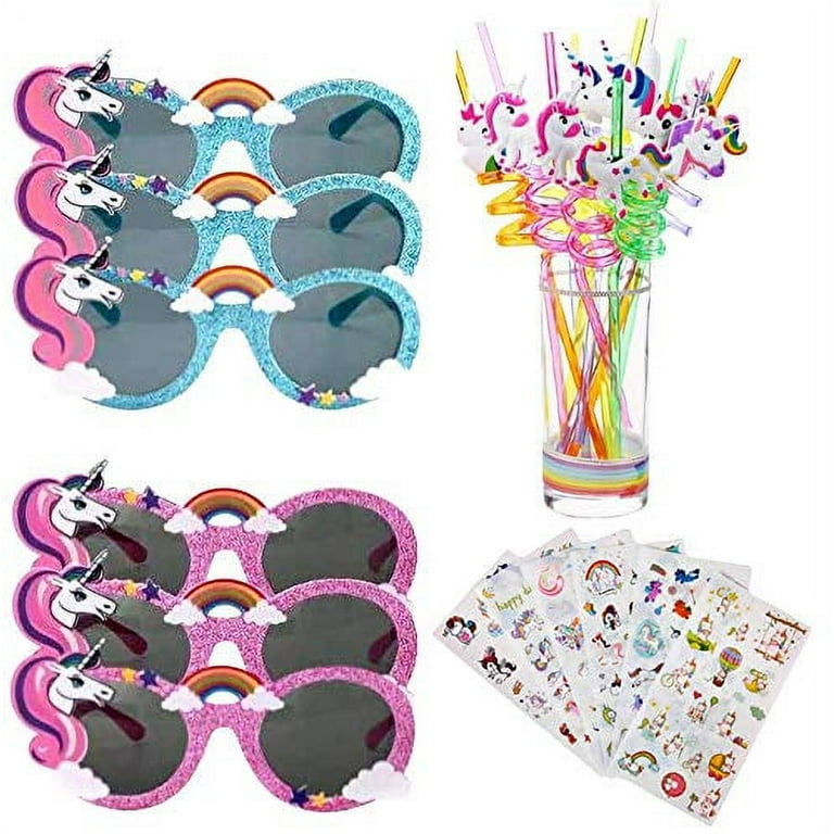 Unicorn Sunglasses + Reusable Unicorn Drinking Plastic Straws + Unicorn  Stickers for Girls  Unicorn Birthday Party Supplies - Rainbow Unicorn  Party Favors Decorations - Set of 18 
