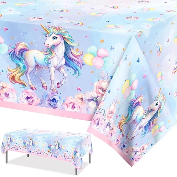 Disposable Plastic Tablecloth 2-Pack 51" X 86" Rectangle Pastel Rainbow Unicorn Design for Birthday Party Baby Shower Decorations